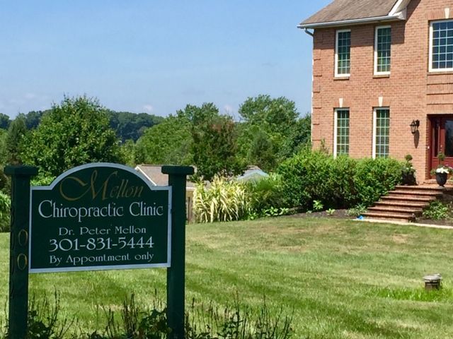Mellon Chiropractic Clinic sign with the brick clinic building